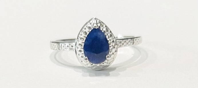 PRISTINE MIDNIGHT BLUE SAPPHIRE PEAR CUT 1CT RING: STERLING SILVER SIZE 7.5