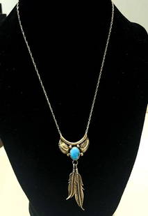 VINTAGE STERLING SILVER TURQUOISE FEATHER NECKLACE: STERLING SILVER CHAIN AND PENDANT, **PLEASE NOTE CLASP HAS BEEN REPLACED WITH EXTENDER GOLD TONE CLASP