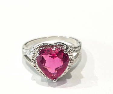 SPLENDID PINK QUARTZ HEART CUT STERLING RING: SIZE 7.5