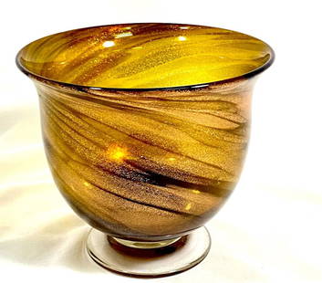 BEAUTIFUL GOLD SPARKLE AMBER ART GLASS BOWL: 6"HX7"W MINT CONDITION