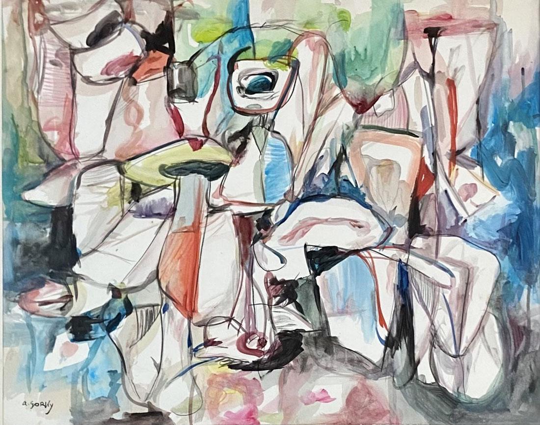 ARSHILLE GORKY MIXED MEDIA ON PAPER V$26,000: MEASURMENTS:38"WX33"H FRAMED, VERY GOOD CONDITION, FRAME IS PEELING AND DAMAGED/"in the style of" Arshile Gorky was an Armenian-American painter who had a seminal influence on Abstract Expressionism. 