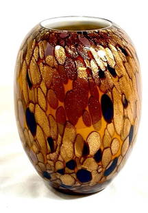 EXQUISITE COPPER SPARKLE ITALIAN ART GLASS VASE: 8"H MINT CONDITION