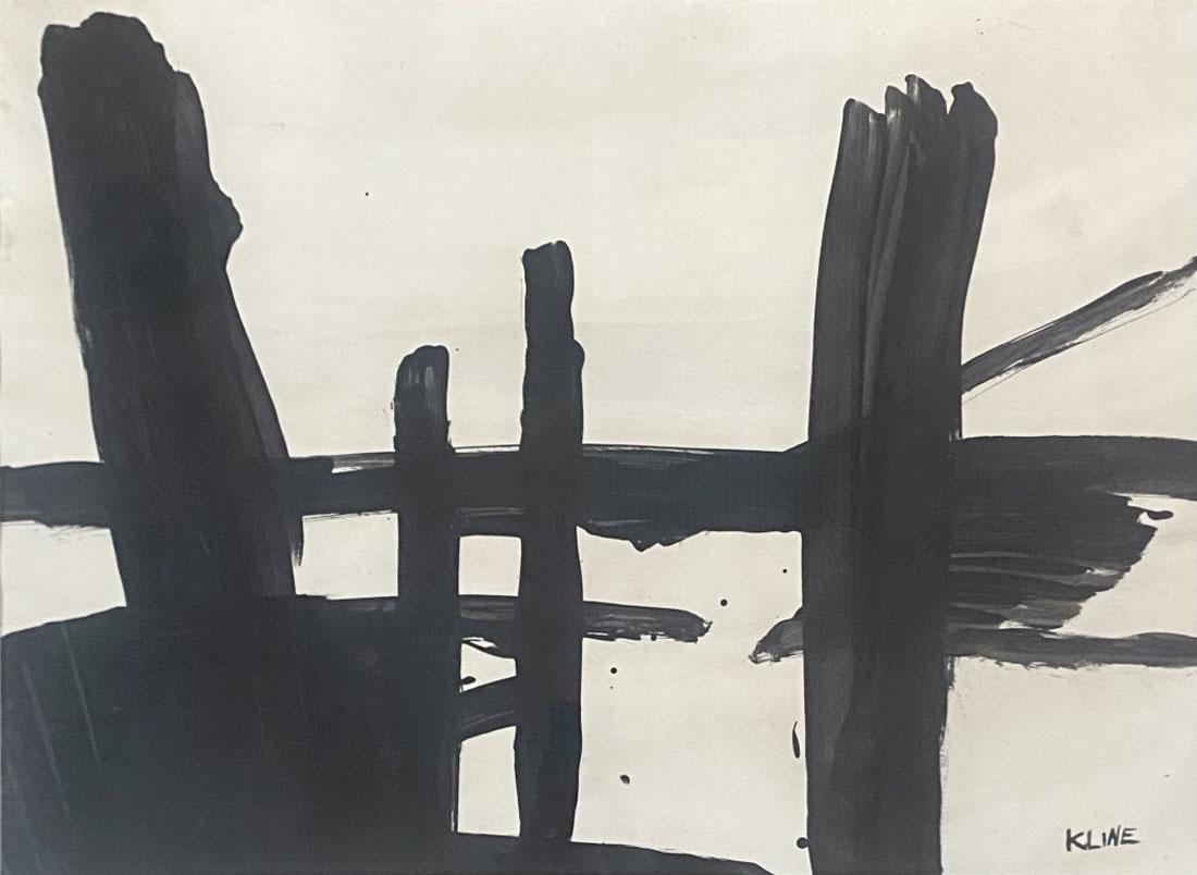 FRANZ KLINE MONOCROMATIC OIL ON PAPER V$31,000: MEASUREMENTS:31"HX36"W FRAMED, MINT CONDITION/"in the style of"Franz Kline was an American painter. He is associated with the Abstract Expressionist movement of the 1940s and 1950s.As Elaine de Koonin