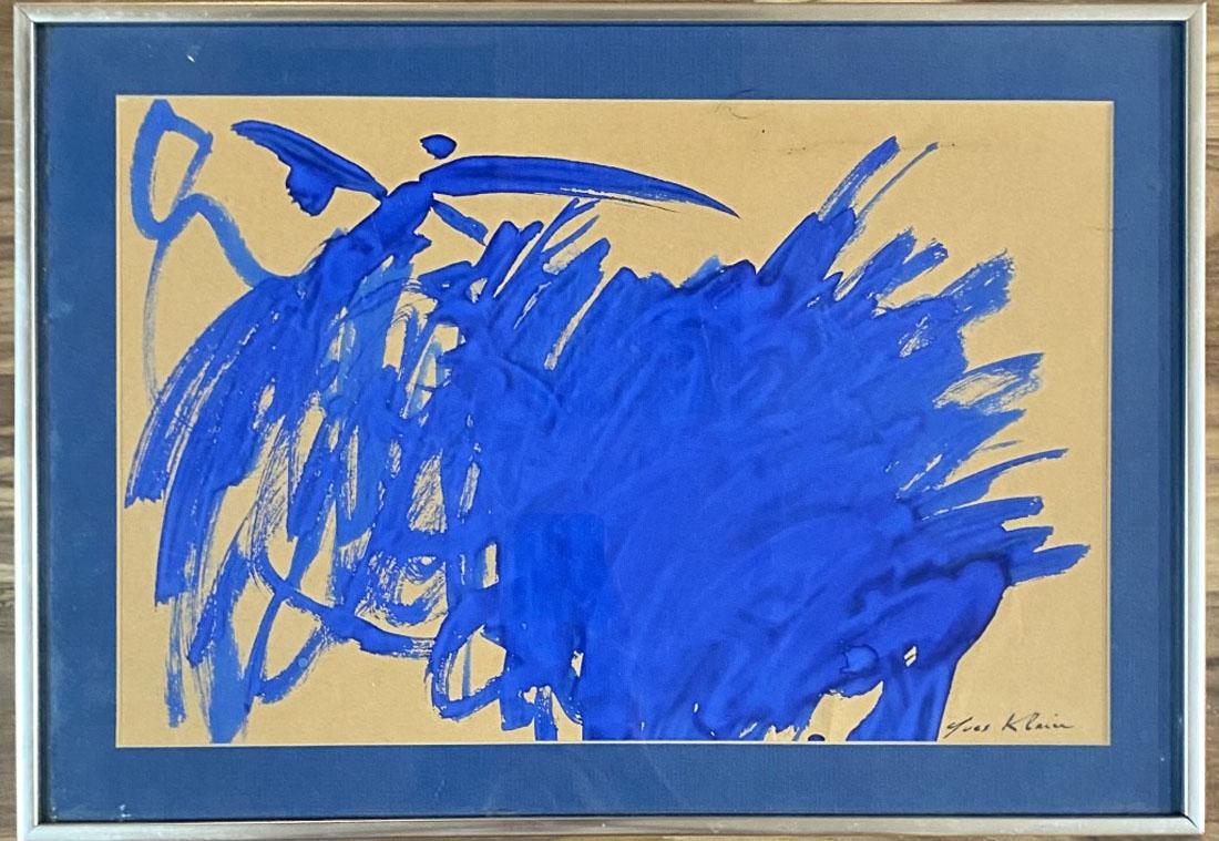 YVES KLEIN OIL ON PAPER ABSTRACT V$18,000: MEASUREMENTS:14"HX20"W FRAMED, MINT CONDITION/"in the style of"Yves Klein was a French artist and an important figure in post-war European art. He was a leading member of the French artistic movement