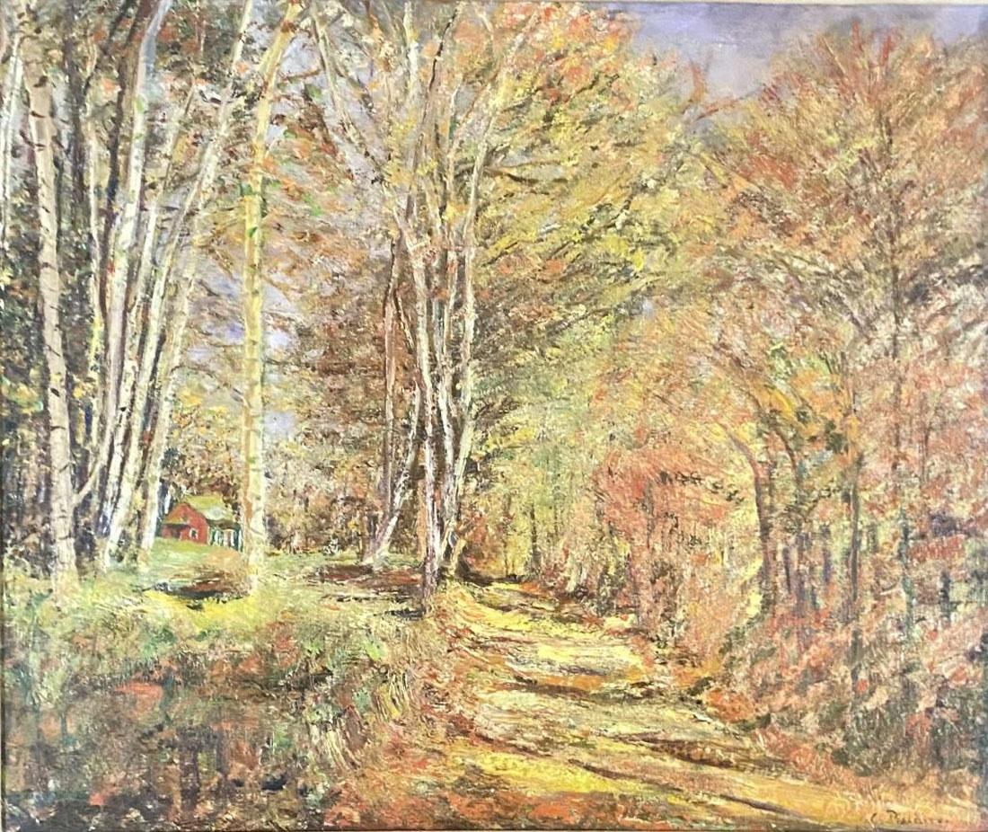 CAMILLE PISSARRO IMPRESSIONIST OIL/CANVAS V$34,000: MEASUREMENTS:26"HX30"W FRAMED, MINT CONDITION/"in the style of" Camille Pissarro was a Danish-French Impressionist and Neo-Impressionist painter born on the island of St Thomas. His importance resides