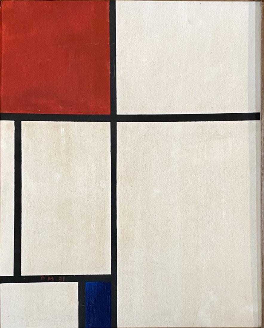 PIET MONDRIAN (DUTCH) ABSTRACT OIL ON BOARD: MEASUREMENTS:17"WX21"H FRAMED, NO GLASS IN FRAME, GOOD CONDITION/"in the style of"Pieter Cornelis Mondriaan, after 1906 Piet Mondrian, was a Dutch painter and art theoretician who is regarded as one o