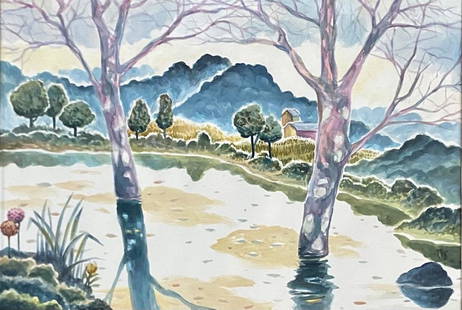 CHARLES BURCHFIELD (AMERICAN) WATERCOLOR/PAPER: MEASURMENTS:30"HX42"W FRAMED, MINT CONDITION/"in the style of"Charles Ephraim Burchfield was an American painter and visionary artist, known for his passionate watercolors of nature scenes and