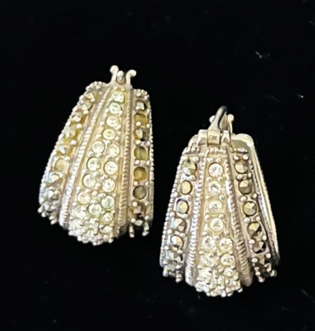 STERLING SILVER CRYSTAL & MARCASITE EARRINGS: HALF HOOP STERLING EARRINGS