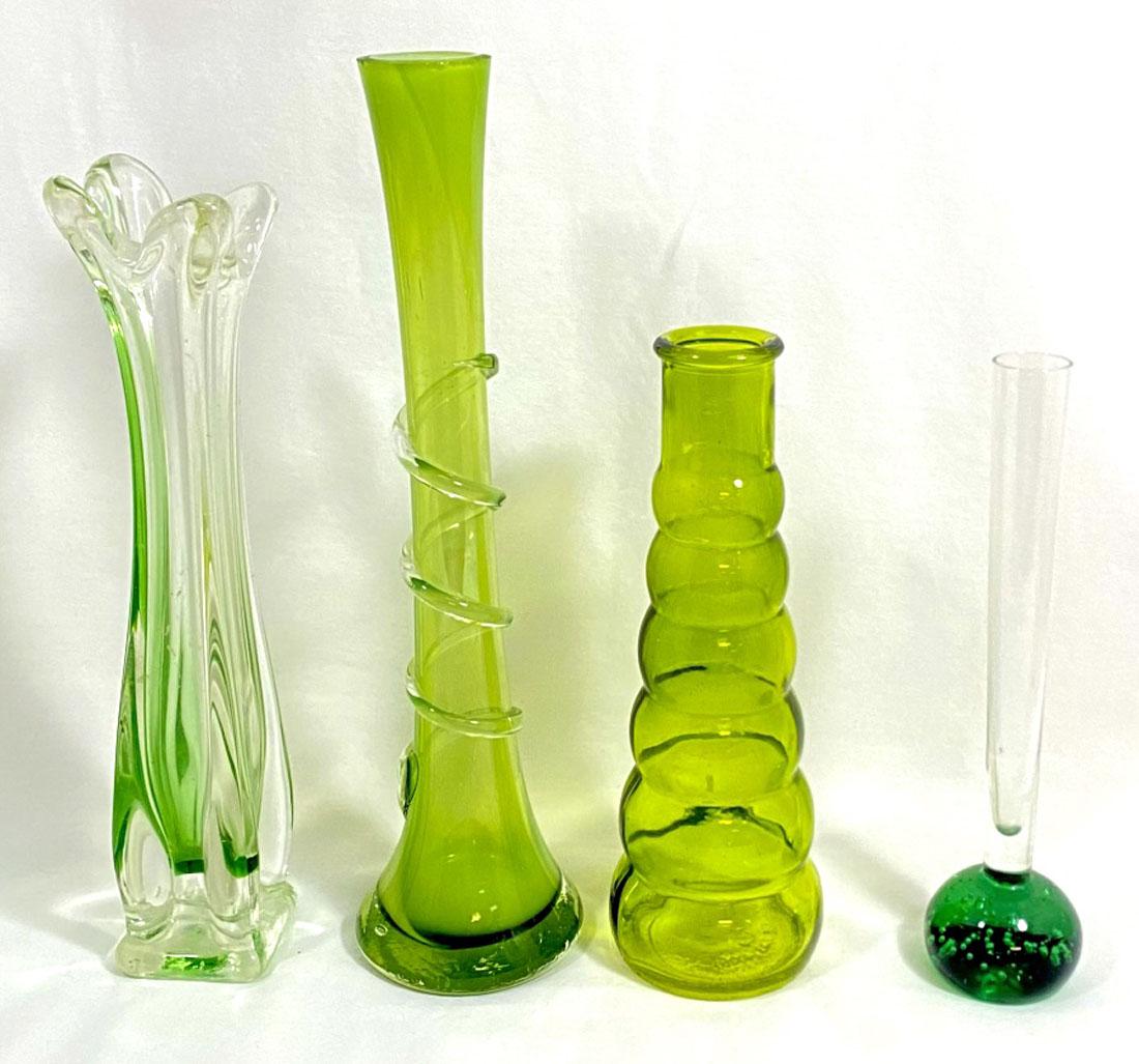 LOT OF 4 MID CENTURY GREEN ART GLASS VASES (1 of 1)