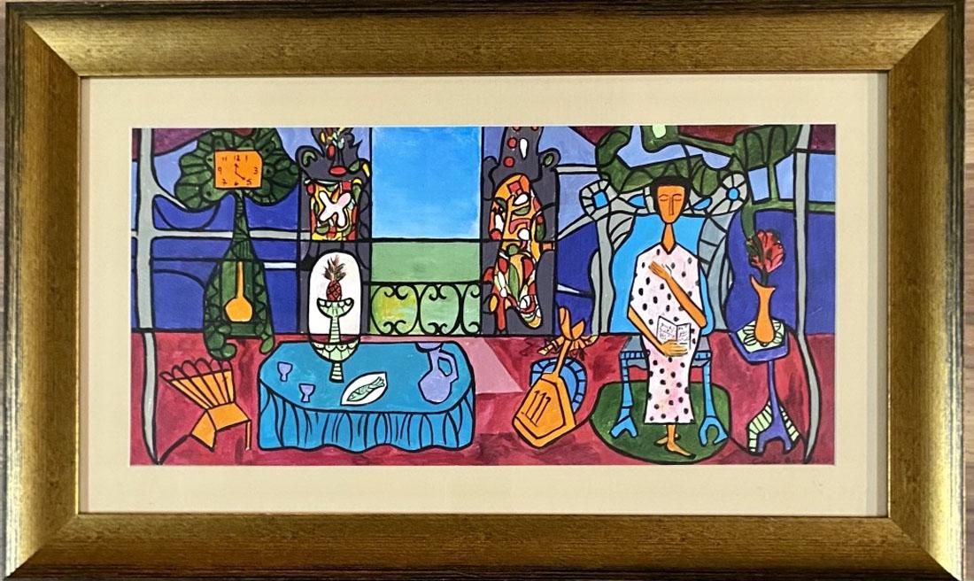 CUNDO BERMUDEZ (CUBAN) OIL ON PAPER: MEASUREMENTS:15"HX25"W FRAMED, MINT CONDITION/"in the style of"Cundo BermÃºdez, born Secundino BermÃºdez y Delgado, was a Cuban painter. Born in Havana, Cuba, he died of a heart attack in his West