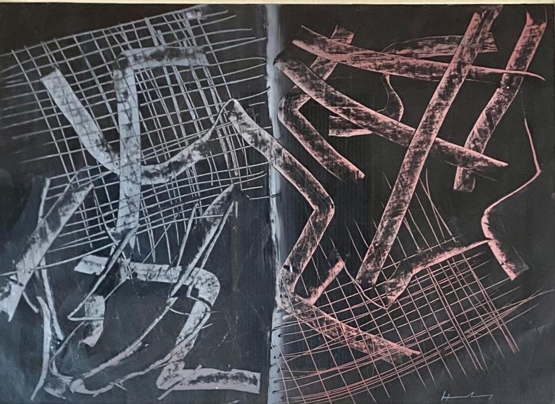 HANS HARTUNG MODERN ABSTRACT PAINTING: MEASUREMENTS: 37"WX31"H FRAMED, MINT CONDITION/"in the style of"Hans Hartung was a German-French painter, known for his gestural abstract style. He was also a decorated World War II veteran of the Leg