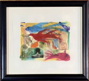 JAMES HARVARD MIXED MEDIA COLLAGE (1937-2020): MEASUREMENTS: 22"HX24"W FRAMED, MINT CONDITION/"in the style of"James Havard was an American painter and sculptor. He was a pioneer of abstract illusionism in the 1970s. In the 1980s he changed his