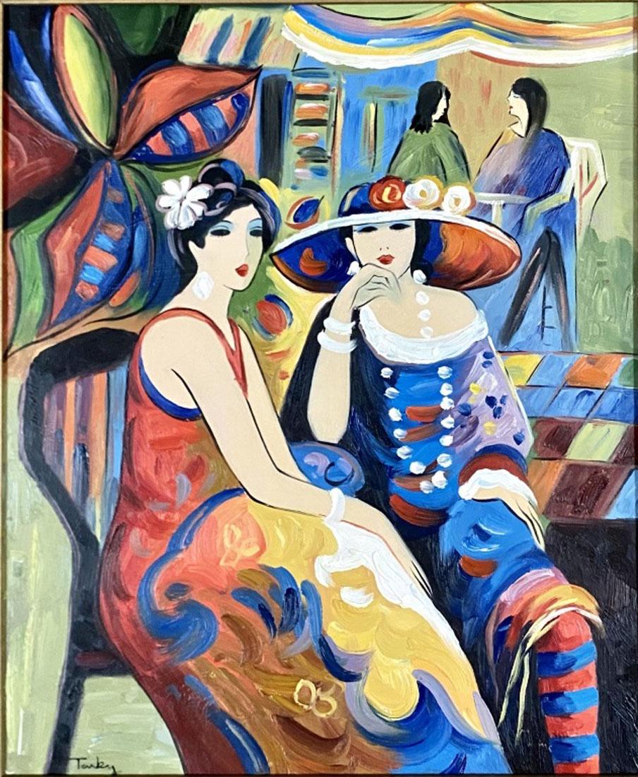 ITZCHAK TARKAY FIGURATIVE ACRYLIC ON CANVAS: MEASUREMENTS:24"WX29"H FRAMED, MINT CONDITION/"in the style of"Itzchak Tarkay was an Israeli art painter and graphic artist. His is known for being a commercially successful Israel artist, especially 