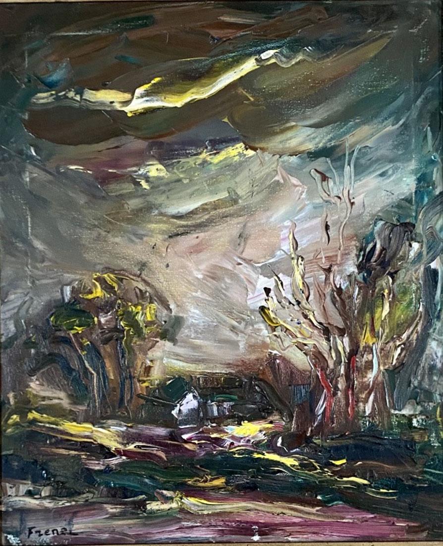 YITZHAK FRENKEL FRENEL (1889-1981)ACRYLIC PAINTING: MEASUREMENTS:28"WX32"H FRAMED, MINT CONDITION/"in the style of"Yitzhak Frenkel, also known as Alexandre Frenel, was an Israeli painter and sculptor, seen as the father of modern art in Israel. In 1920