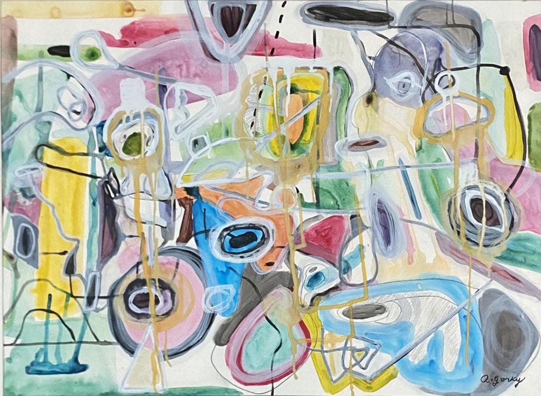 ARSHILLE GORKY MIXED MEDIA ABSTRACT (1904-1948): MEASUREMENTS:25"HX30"W FRAMED, MINT CONDITION/"in the style of"Arshile Gorky was an Armenian-American painter who had a seminal influence on Abstract Expressionism. He spent the last years of his life