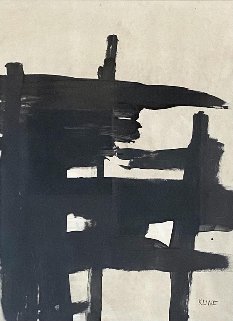 FRANZ KLINE EXPRESSIONIST OIL ON PAPER (1910-1962): MEASUREMENTS:33"WX39"H FRAMED, GOOD CONDITION, SPOTTING THROUGHOUT/"in the style of"Franz Kline was an American painter. He is associated with the Abstract Expressionist movement of the 1940s and 1950