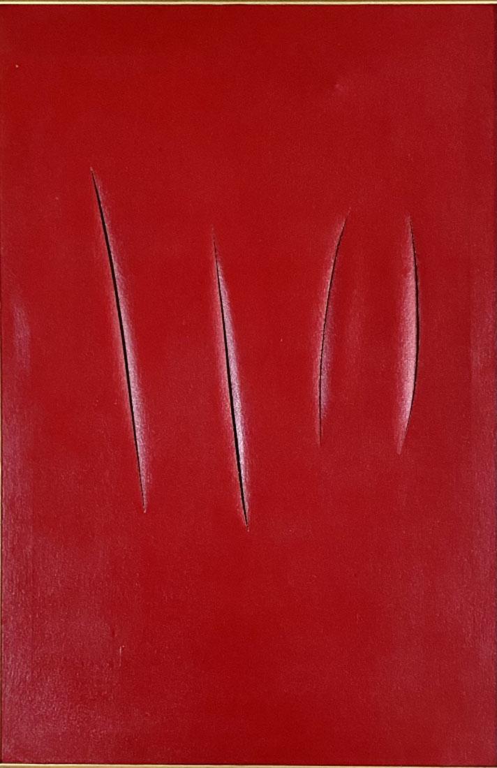 LUCIO FONTANA (1899-1968) RED CUT OIL ON CANVAS: MEASUREMENTS: 28"WX41"H FRAMED, MINT CONDITION/"in the style of"Lucio Fontana was an Argentine-Italian painter, sculptor and theorist. He is mostly known as the founder of Spatialism.Fontana often lin