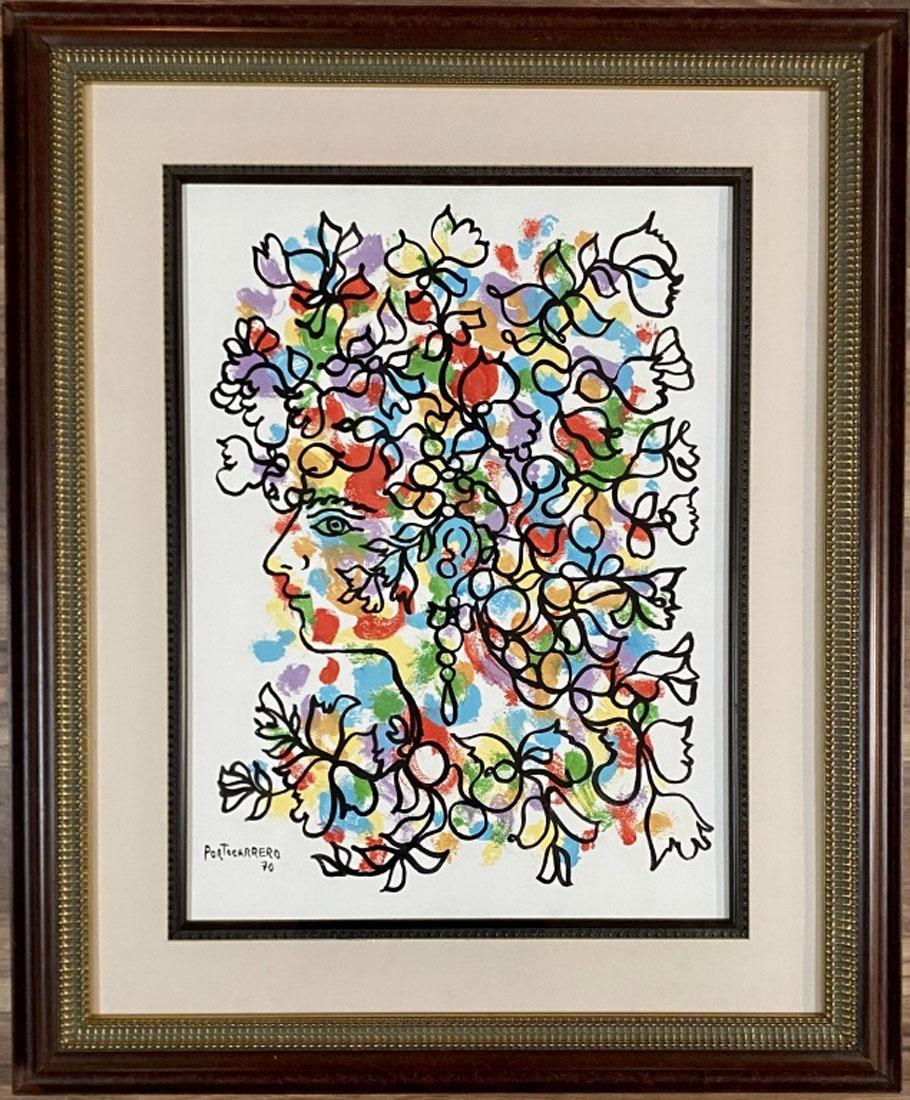 RENE PORTOCARRERO FIGURATIVE OIL PAINTING: MEASUREMENTS: 29"WX35"H FRAMED, MINT CONDITION/"in the style of"RenÃ© Portocarrero was a Cuban artist recognised internationally for his achievements.Portocarrero began his artistic education at the