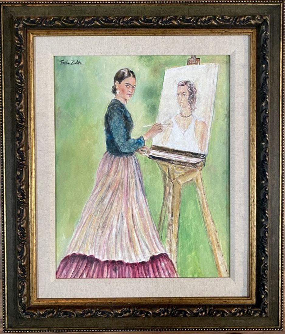 FRIDA KAHLO (1907-1954) FIGURATIVE OIL ON CANVAS: MEASURMENTS:25"WX30"H FRAMED, MINT CONDITION/"in the style of"Magdalena Carmen Frida Kahlo y CalderÃ³n was a Mexican painter known for her many portraits, self-portraits, and works inspired by the n