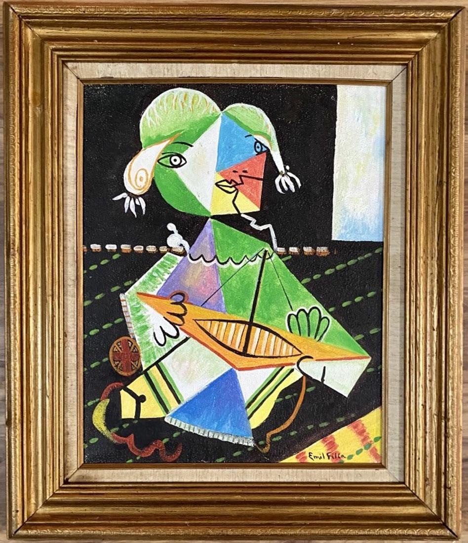 EMIL FILLA CUBIST ABSTRACT OIL ON CANVAS: MEASUREMENTS:24"WX28"H FRAMED, MINT CONDITION/"in the style of"Emil Filla, a Moravian painter, was a leader of the avant-garde in Prague between World War I and World War II and was an early Cubist pa