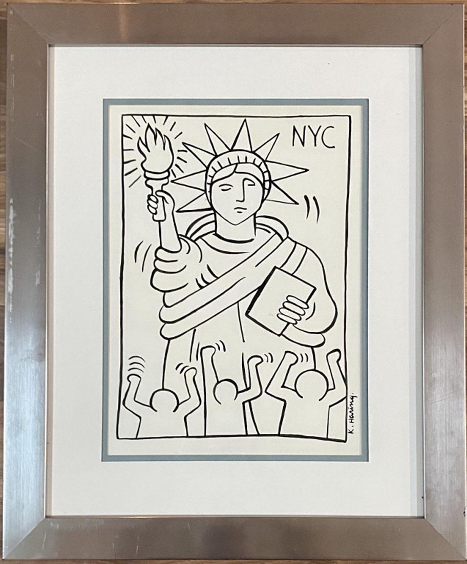 KEITH HARING (1958-1990) NYC DRAWING ON PAPER: MEASURMENTS:19"WX23"H FRAMED, MINT CONDITION/"in the style of"Keith Allen Haring was an American artist whose pop art emerged from the New York City graffiti subculture of the 1980s. His animated imag