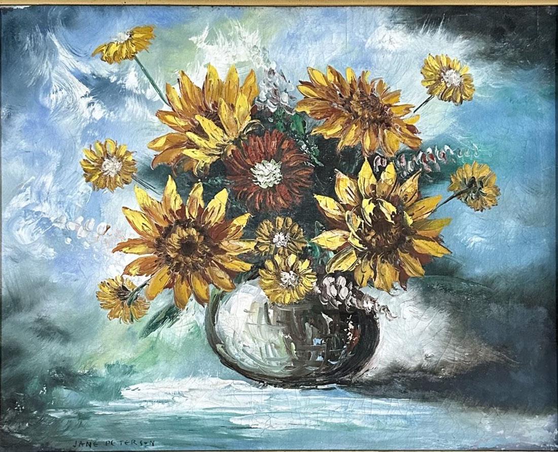 JANE PETERSON ACRYLIC ON CANVAS (1876-1965): MEASUREMENTS:21"HX25"W FRAMED, MINT CONDITION/"in the style of"ane Peterson (1876â€“1965) was a graduate of Pratt Institute and an American Impressionist and Expressionist painter. Like many youn