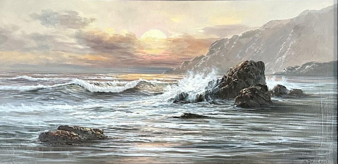 ALEXANDER DZIGURSKI OIL SEASCAPE ON CANVAS: MEASURMENTS:25"HX45"W FRAMED, MINT CONDITION/"in the style of"Dzigurski Sr. Best known for his dynamic views along the California coast, Alexander Dzigurski also painter in the Rocky Mountains, Glacie