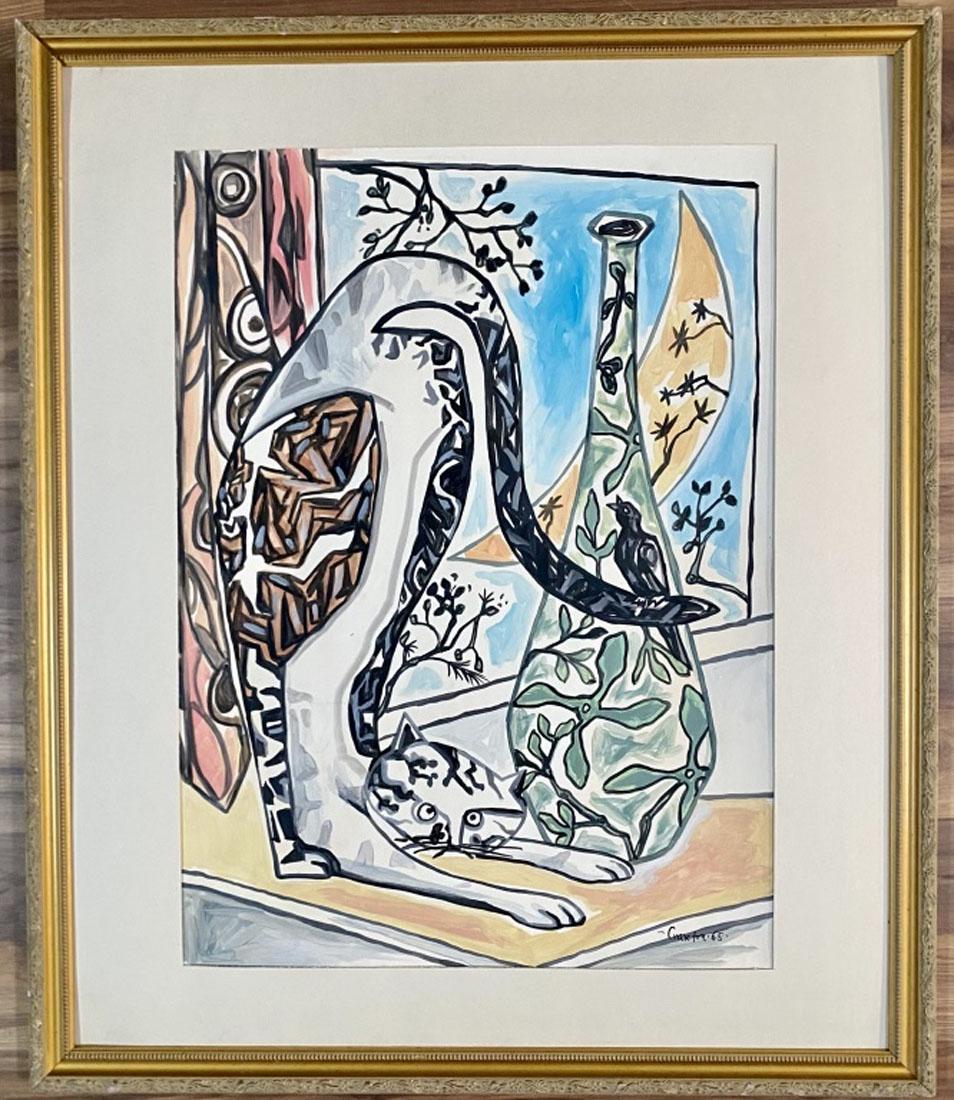 JOHN CRAXTON (1918-1999) ABSTRACT OIL ON PAPER: MEASUREMENTS:32"WX39"H FRAMED, OK CONDITION, NO GLASS IN FRAME/"in the style of"John Leith Craxton RA, was an English painter. He was sometimes called a neo-Romantic artist but he preferred to be know