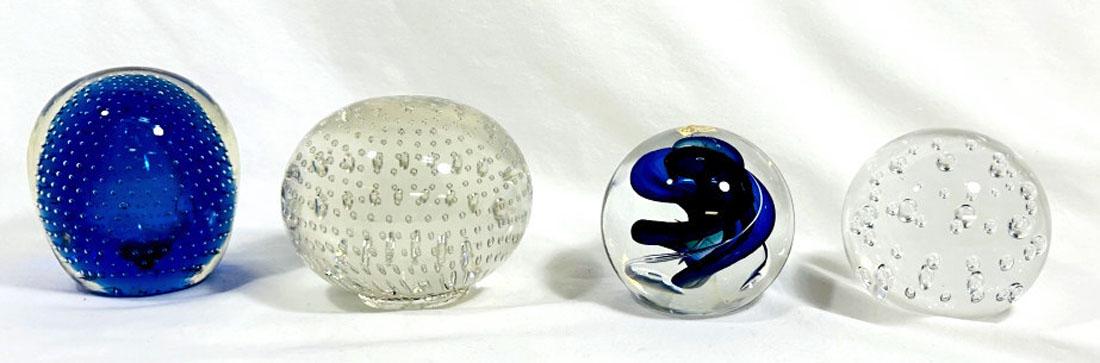 LOT OF 4 MODERN 3D BLUE/WHITE GLASS PAPERWEIGHTS: 2" AND 3" MINT CONDITION