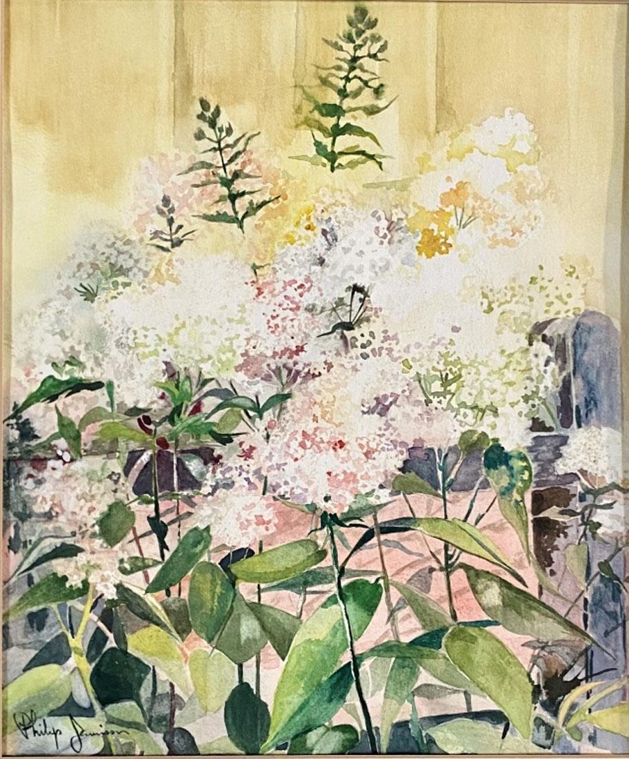 PHILIP JAMISON WATERCOLOR ON PAPER: MEASURMENTS:18"WX22"H FRAMED, NO GLASS IN FRAME, MINT CONDITION/"in the style of"Philip Jamison was an American artist working primarily with watercolor as a medium. Typical scenes are landscapes, sea