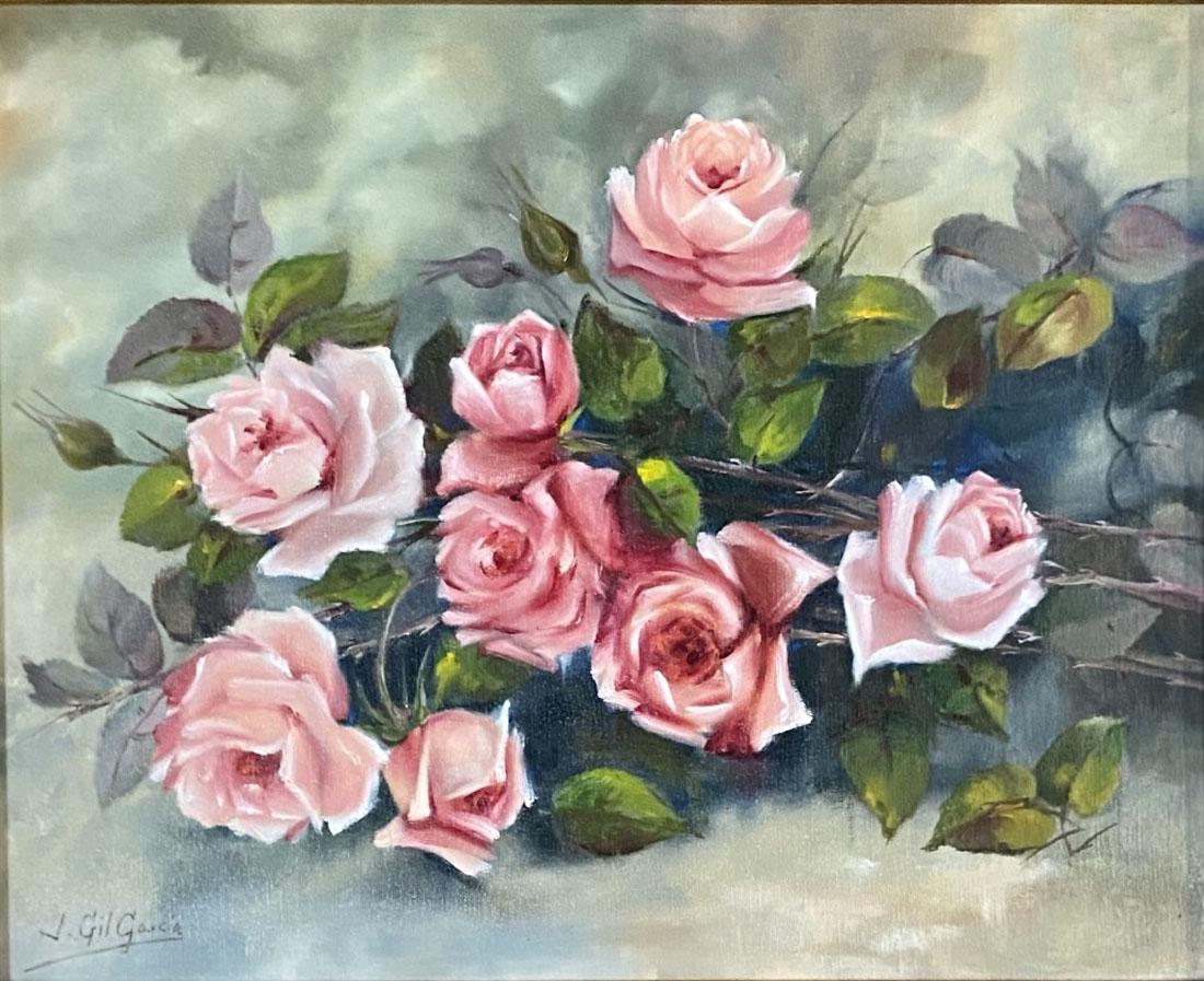 JUAN GIL GARCIA OIL ON CANVAS STILL LIFE: MEASUREMENTS:21"HX25"W FRAMED, MINT CONDITION/"in the style of"Juan Gil GarcÃ­a (1876- 1932) was born in Madrid, Spain and moved to Cuba near the close of the 19th century.While he studied art as a 