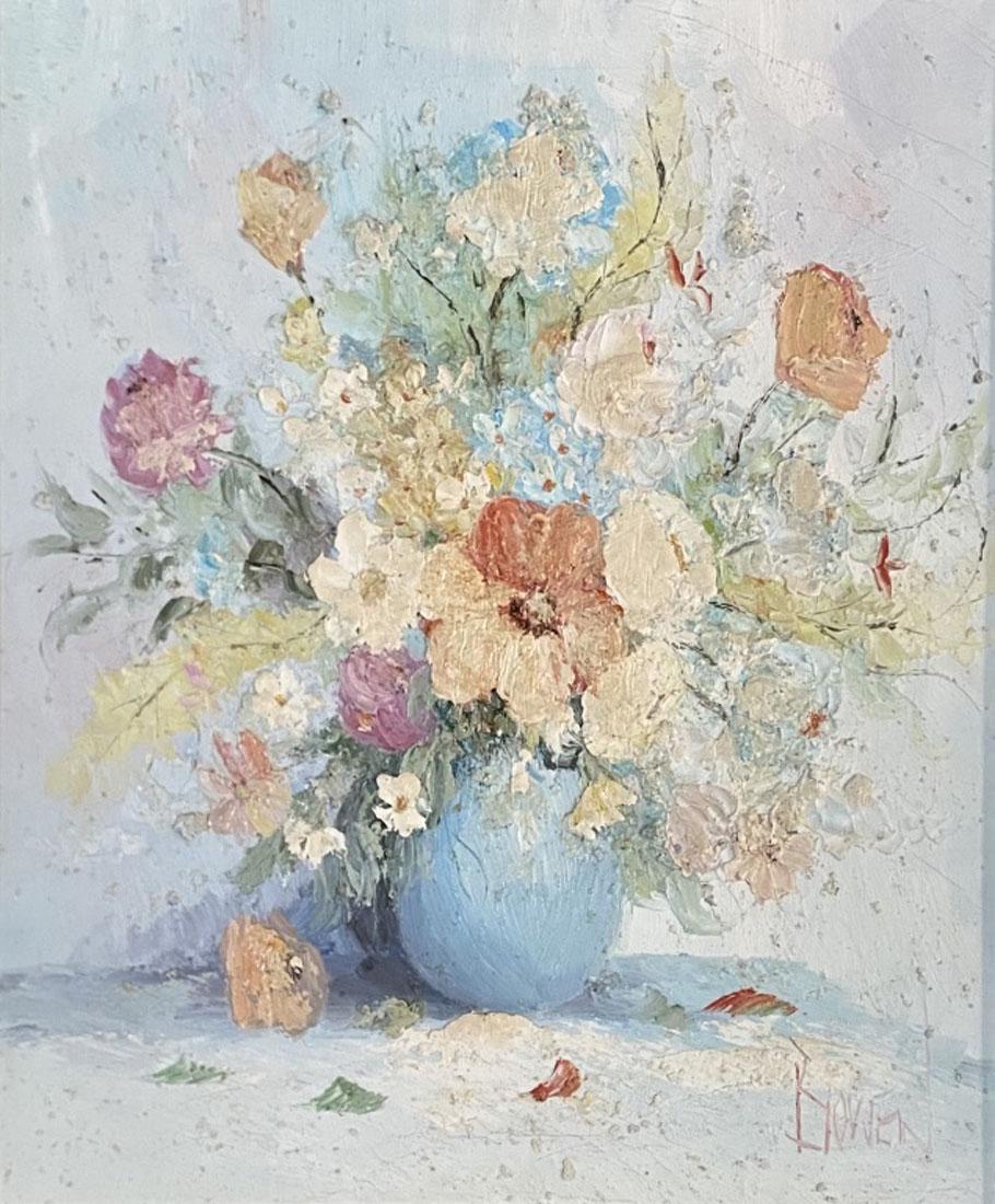 OWEN BOWEN STILL LIFE ACRYLIC ON CANVAS: MEASURMENTS:25"WX29"H FRAMED, MINT CONDITION/"in the style of"Owen Bowen was a British painter, known mostly for his Impressionist still lifes and landscapes depicting the Yorkshire countryside with a