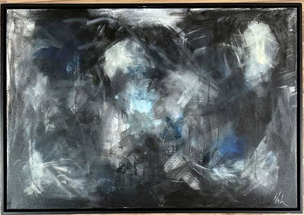 NORMAN BLUHM ABSTRACT OIL ON CANVAS (1921-1999): MEASUREMENTS:28"HX40"W FRAMED, MINT CONDITION/"in the style of"Norman Bluhm, was an American painter classified as an abstract expressionist, and as an action painter.Bluhm's work has been critically