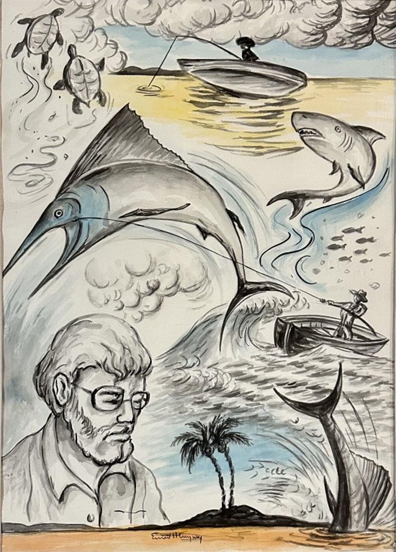 ERNEST HEMINGWAY (1899-1961) MIXED MEDIA ON PAPER (1 of 3)