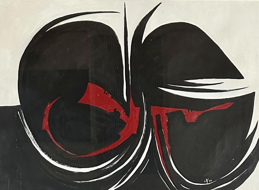 JACK YOUNGERMAN ASBTRACT OIL/PAPER (1926-2020): MEASUREMENTS:25"HX32"W FRAMED, MINT CONDITION/"in the style of"Jack Albert Youngerman was an American artist known for his constructions and paintings.Youngerman had his first group exhibition, Les Ma