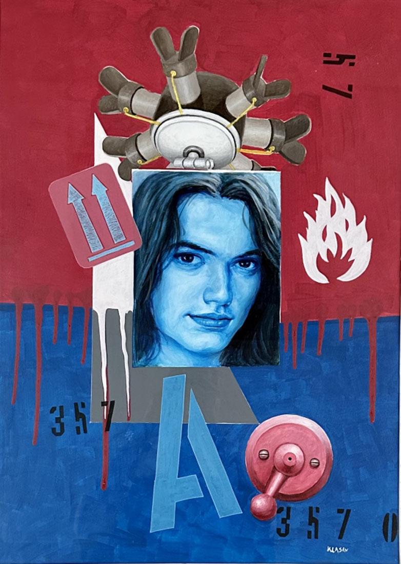 PETER KLASEN OIL PAINT/COLLAGE ON PAPER (B.1935): MEASUREMENTS:28"WX34"H FRAMED, MINT CONDITION/"in the style of" Peter Klasen is a German artist known for his collage-like Pop Art paintings and prints. Using an airbrush, the artist contrasts images