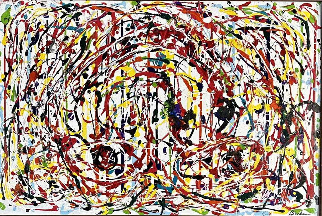 MARCEL BARBEAU (1925-2016) OIL ON BOARD: MEASUREMENTS:27"HX39"W FRAMED, MINT CONDITION/"in the style of"Marcel Barbeau, OC OQ RCA was a Canadian painter, sculptor, graphic and performance artist who used different forms of abstraction and ar