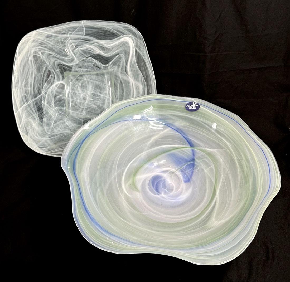 GORGEOUS LOT OF 2 TEAL/GREEN ALABASTER GLASS BOWLS: 13" AND 16" EACH MINT CONDITION