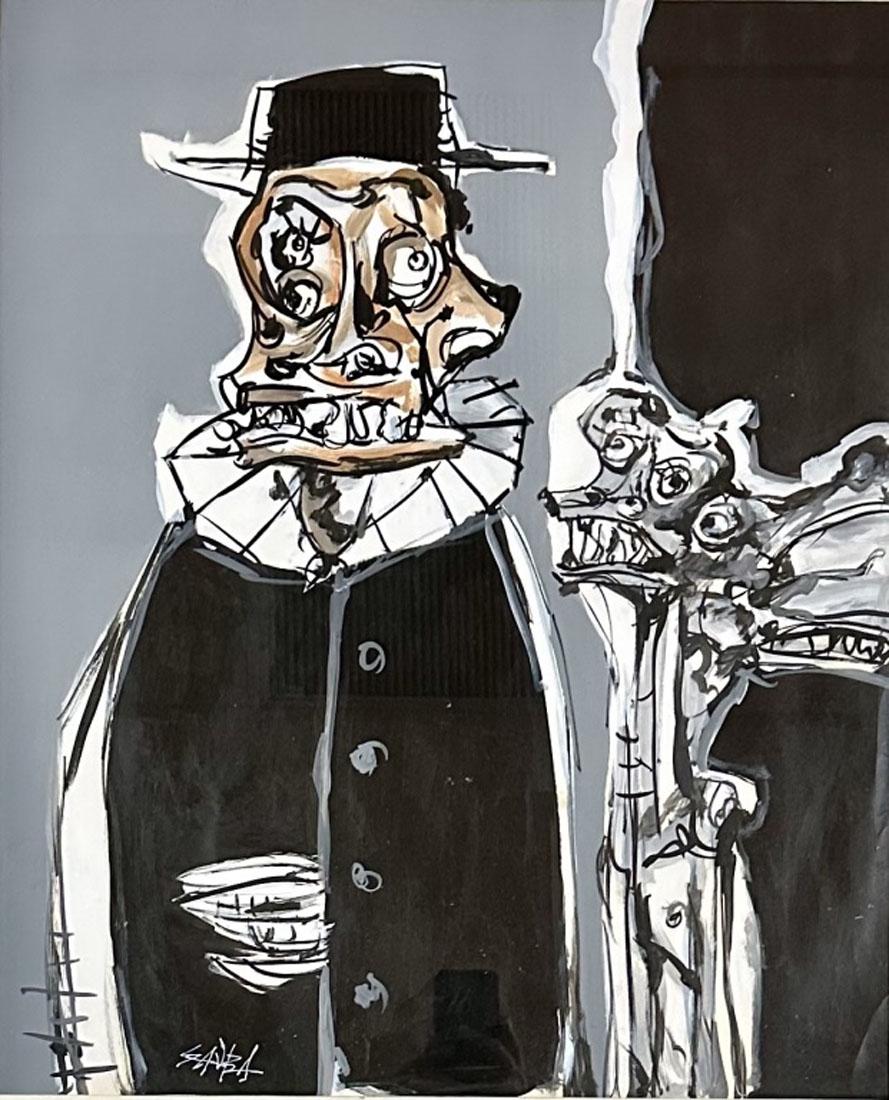 ANTONIO SAURA (1930-1998) OIL ON PAPER ABSTRACT: MEASUREMENTS:31"WX41"H FRAMED, MINT CONDITION/"in the style of"Antonio Saura AtarÃ©s was a Spanish artist and writer, one of the major post-war painters to emerge in Spain in the fifties whose work