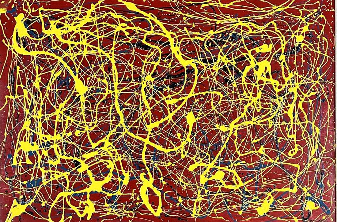 JANET SOBEL (1893-1968) OIL ON CANVAS ABSTRACT: MEASURMENTS:30"HX42"W FRAMED, MINT CONDITION/"in the style of"Janet Sobel, born Jennie Olechovsky, was a Ukrainian-born American Abstract Expressionist painter whose career started mid-life, at age fo