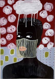 KERRY JAMES MARSHALL (AMERICAN) OIL PAINTING: MEASUREMENTS:34"X38"H FRAMED, MINT CONDITION/"in the style of"Kerry James Marshall is an American artist and professor, known for his paintings of Black figures. He previously taught painting at the S