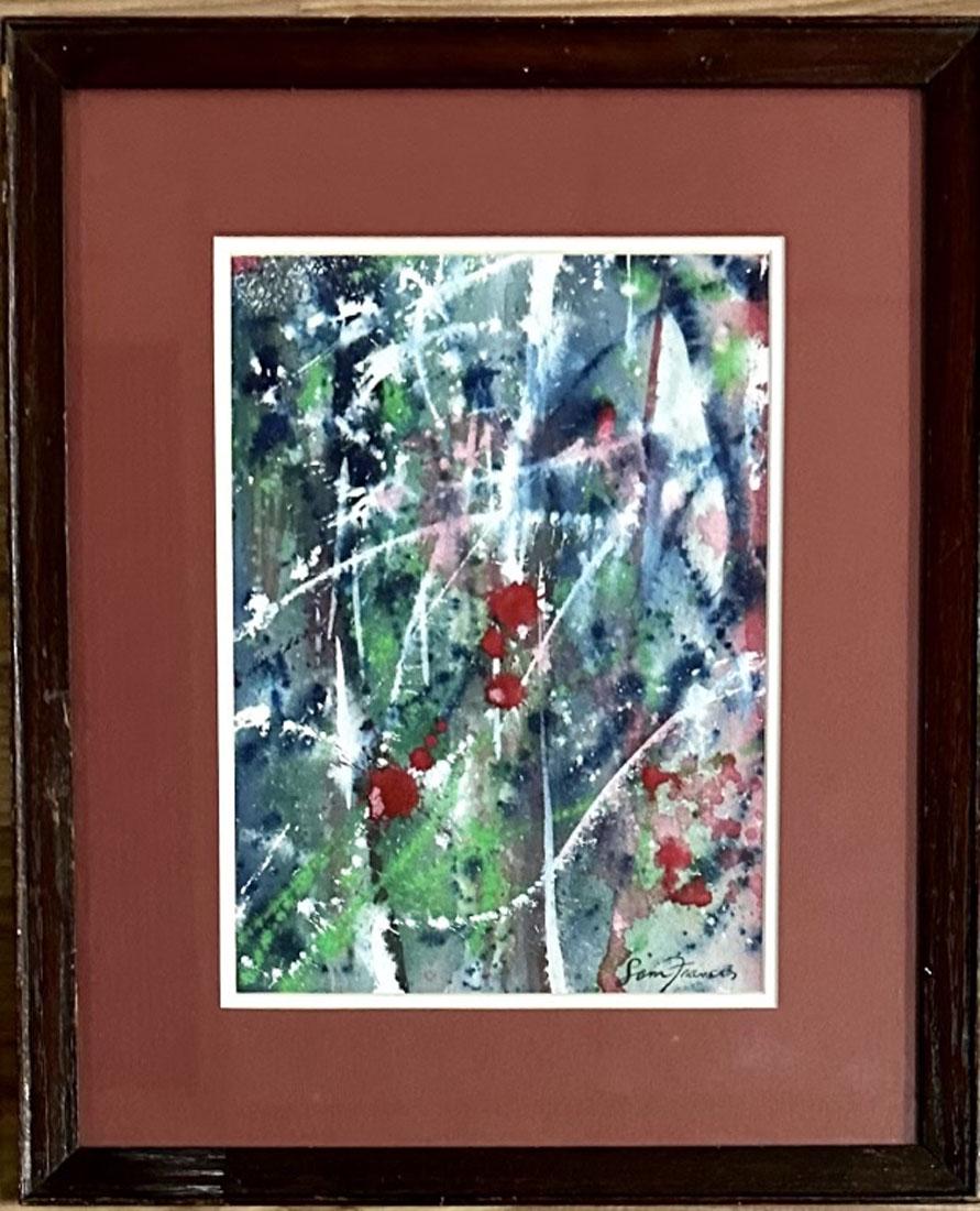SAM FRANCIS (1923-1994) ABSTRACT OIL ON PAPER: MEASUREMENTS:16"WX18"H FRAMED, MINT CONDITION/"in the style of"Samuel Lewis Francis was an American painter and printmaker. Between 1950 and 1958 Francis spent time and painted in Paris, the south of