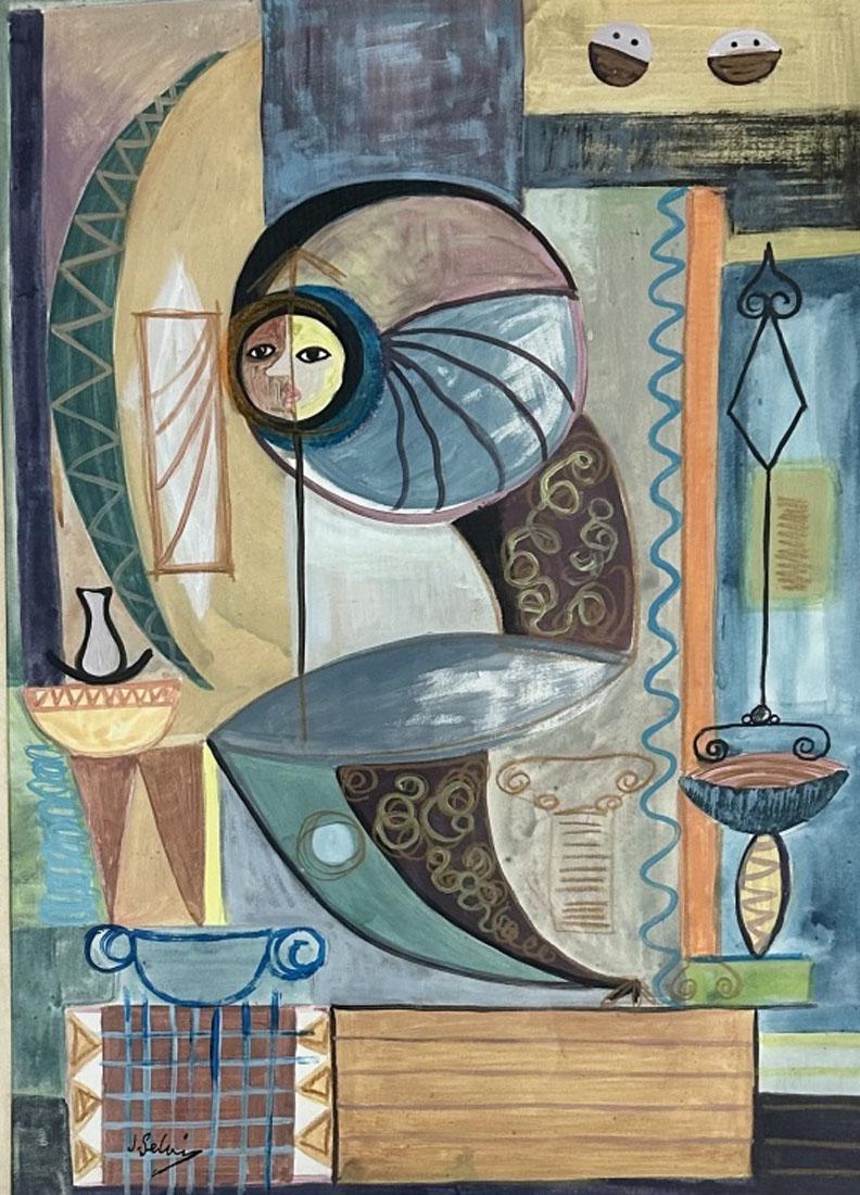 JAWAD SALEEM MIXED MEDIA ON PAPER (1919-1961): MEASUREMENTS:28"WX32"H FRAMED, MINT CONDITION/"in the style of"Jewad Selim was an Iraqi painter and sculptor born in Ankara, Ottoman Empire in 1919. He became an influential artist through his involve