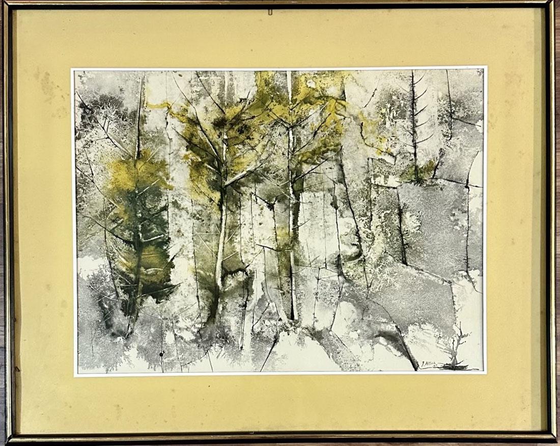 JON ALTINK EXPRESSIONIST LITHOGRAPH (1885-1971): MEASUREMENTS:29"HX36"W FRAMED, GOOD CONDITION, MAT HAS MOISTURE SPOTS/"in the style of"Jan Altink was a Dutch expressionist painter and cofounder of De Ploeg.He studied at the Kunstnijverheidsschool (