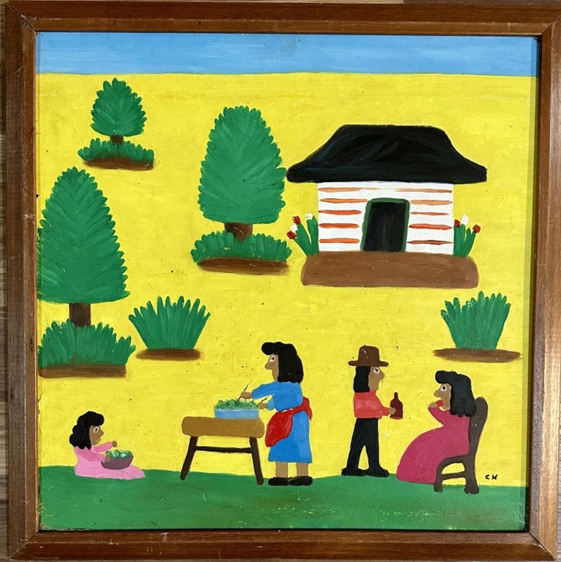 CLEMENTINE HUNTER OIL ON BOARD (1886-1998): MEASUREMENTS:26"WX26"H FRAMED, GOOD CONDITION/"in the style of"Clementine Hunter was a self-taught Black folk artist from the Cane River region of Louisiana, who lived and worked on Melrose Plantation