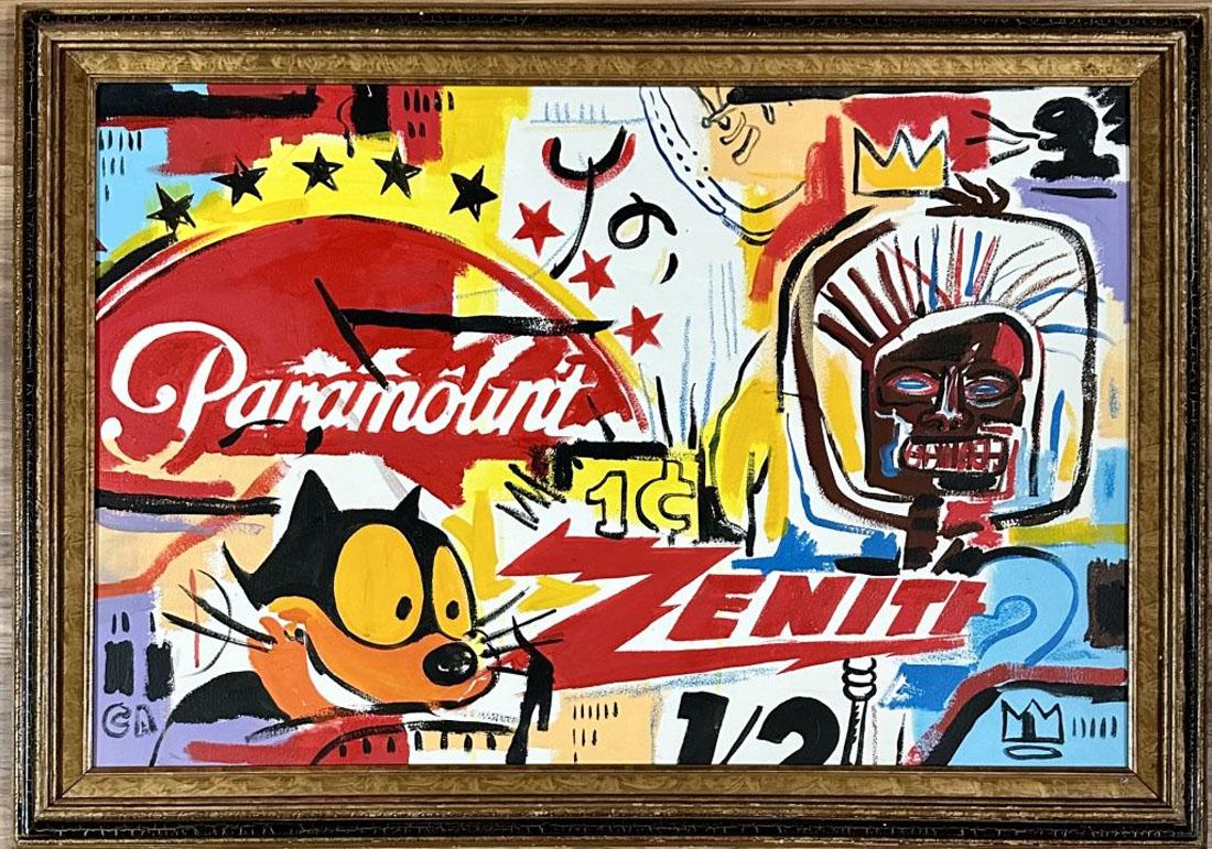 JEAN MICHEL BASQUIAT/ANDY WARHOL ABSTRACT OIL: Attributed to Andy Warhol and Jean Michel Basquiat, private collection, no coa medium: oil measurements:29"hX42"w framed, mint condition Biography: Jean-Michel Basquiat was an American artist who rose