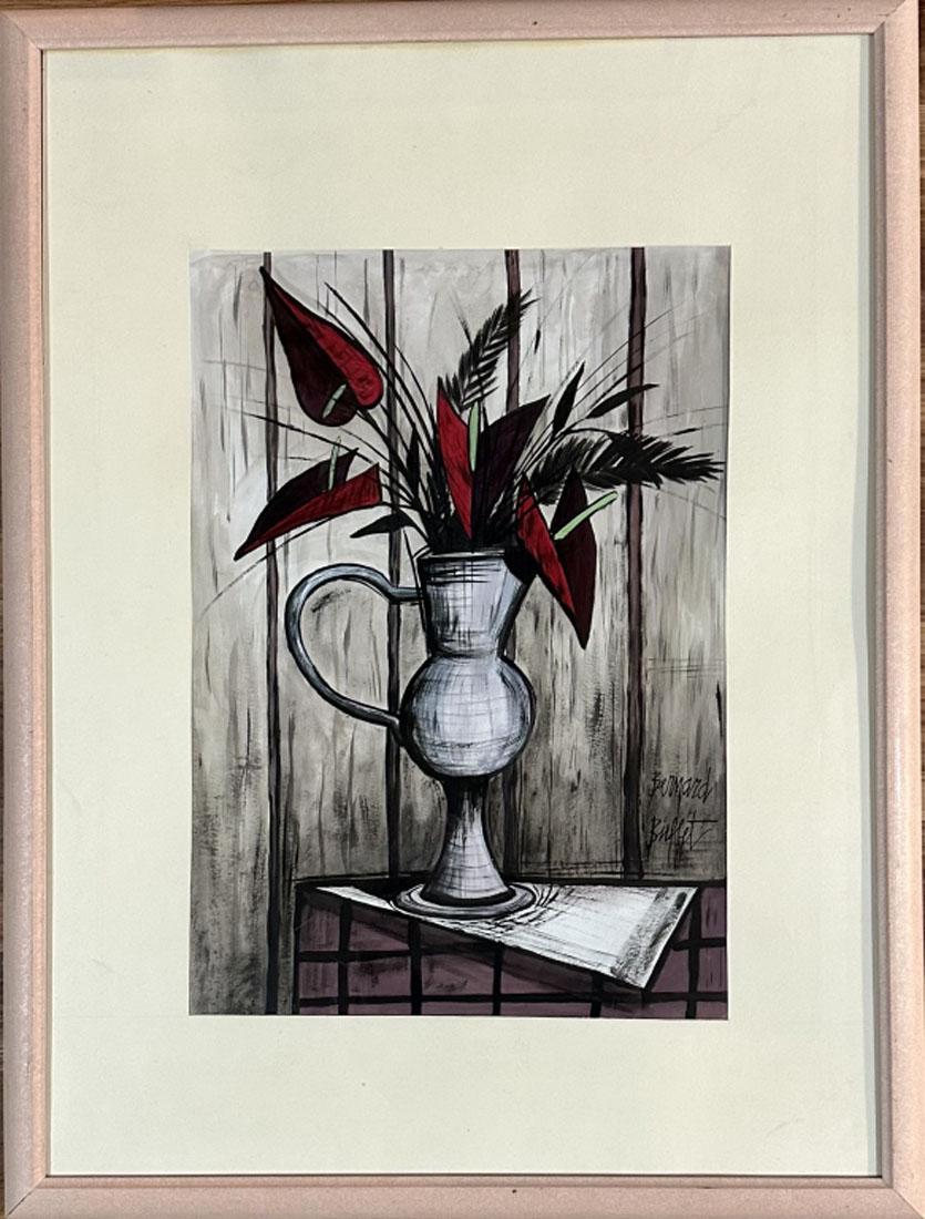 BERNARD BUFFET STILL LIFE OIL PAINTING: Attributed to Bernard Buffet, private collection, no coa medium: oil measurements:31"wX42"h framed, good condition, bubble near top Biography: Bernard Buffet was a French painter, printmaker, and scul