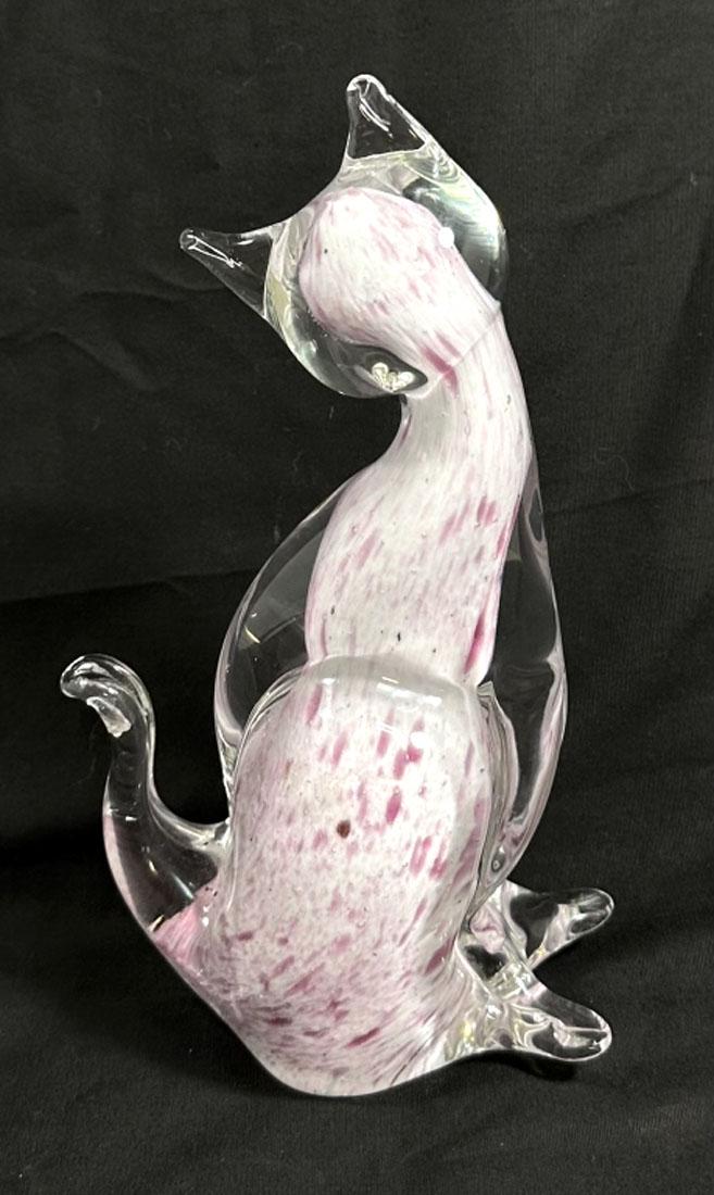 LOVELY PINK AND WHITE ART GLASS CAT SCULPTURE: 8"H MINT CONDITION