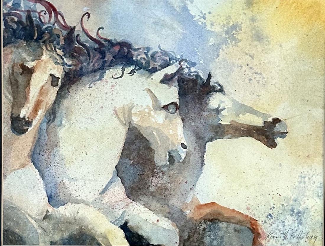 KENNETH CALLAHAN (1905-1986) WATERCOLOR HORSES: Attributed to Kenneth Callahan, private collection, no coa medium: watercolor measurements:18"HX22"W framed, mint condition Biography: Kenneth Callahan (1905â€“1986) was an American painter and m