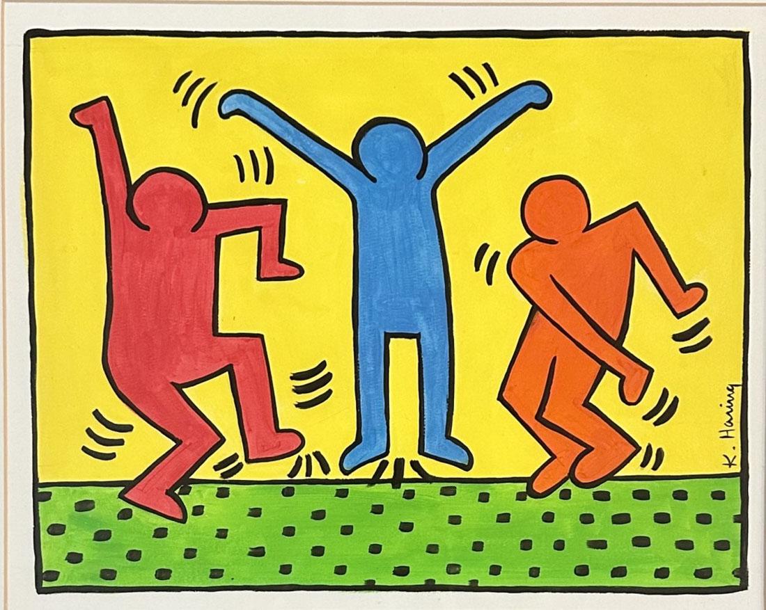 KEITH HARING POP ART PAINTING (1958-1990): Attributed to Keith Haring, no coa,private collection, medium: oil measurements: 18"HX23"W framed, mint condition Biography: Keith Allen Haring was an American artist whose pop art emerged from the Ne